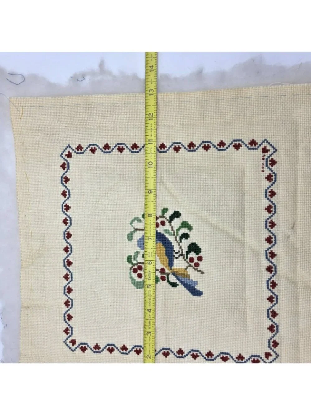 Vintage Folk Art Needlepoint Bird Pillow Top ONLY 12x12 Bluebird Floral Cottage